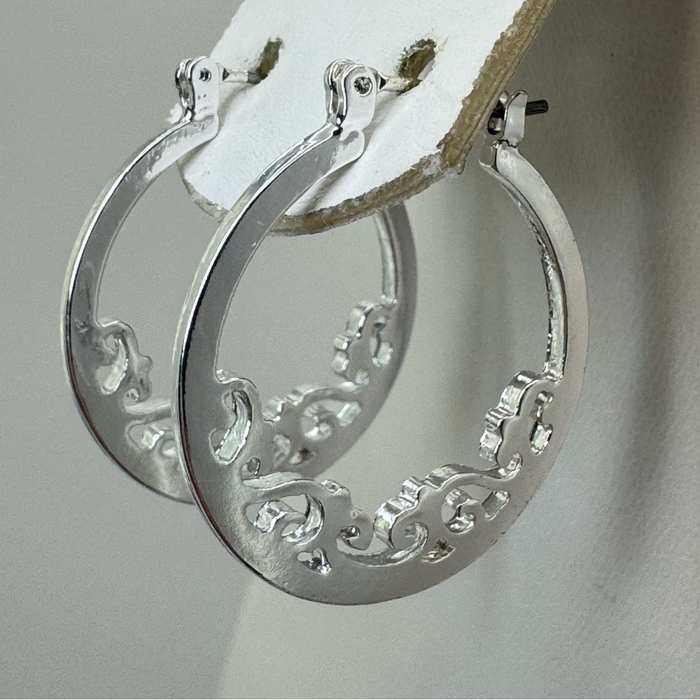 Silver Tone Filigree Hoop Earrings Nickel Free Hypoallergenic Minimalist Modern